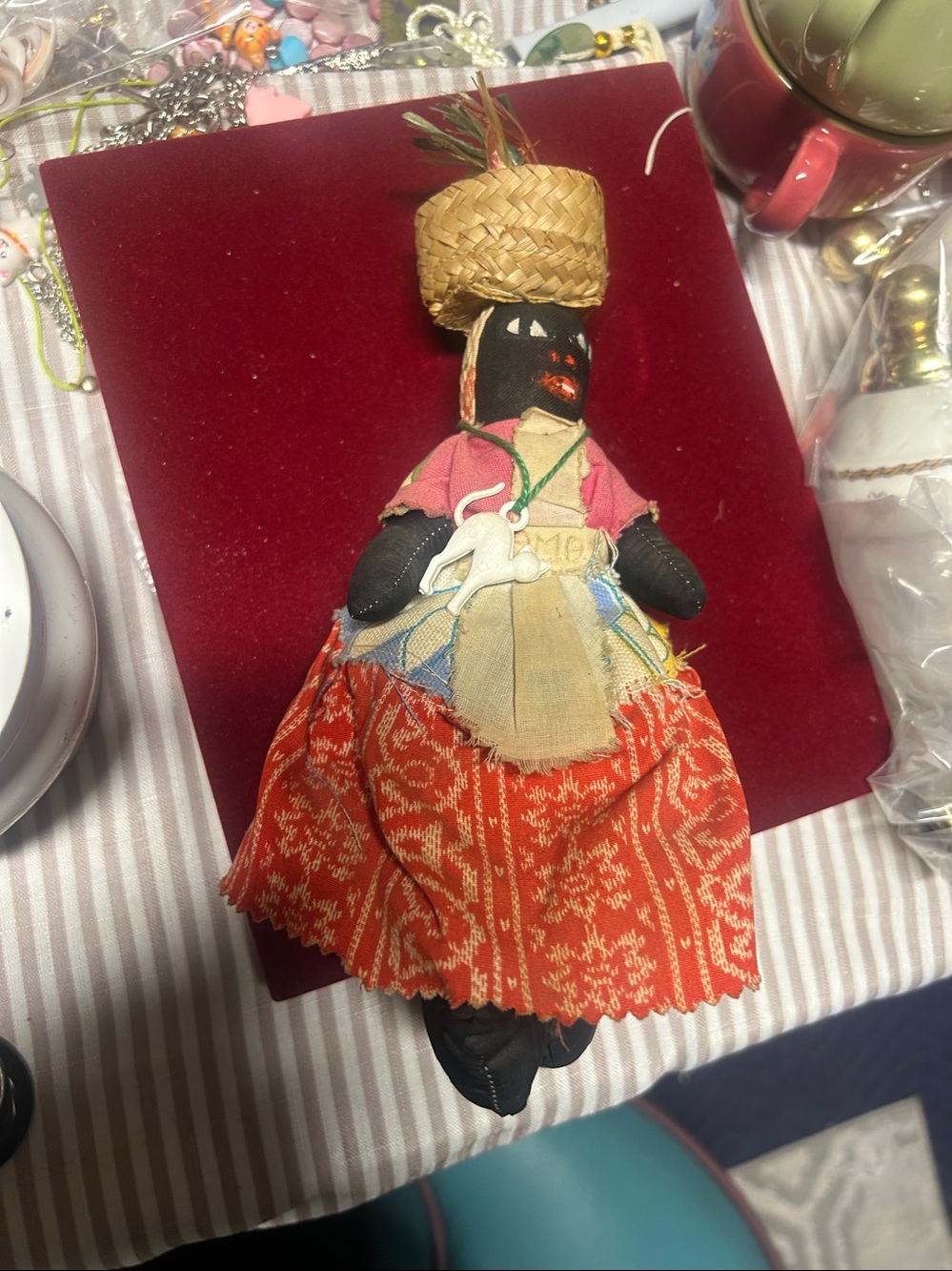 Handmade Red Skirt Folk Doll with Straw Hat - Picture 3 of 5